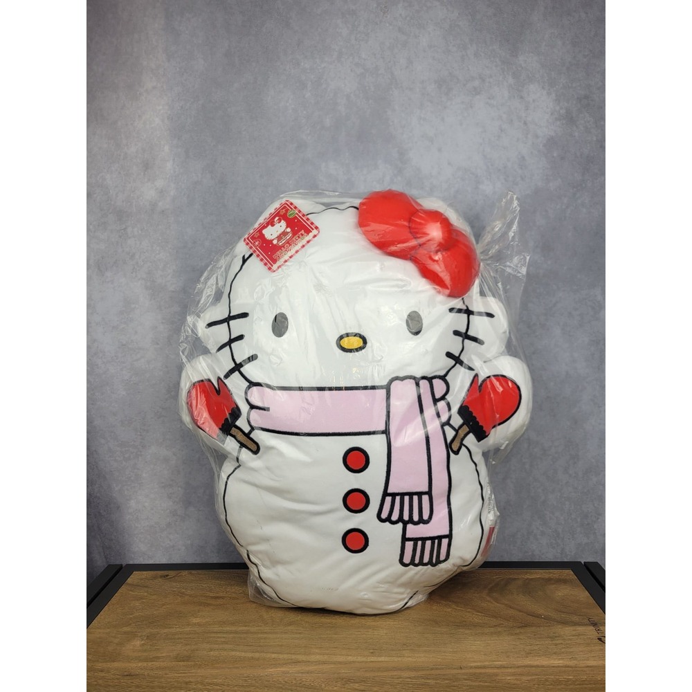 Sanrio Hello Kitty Snowman Plush Pillow Holiday Winter Red Bow Pink Scarf NWT
